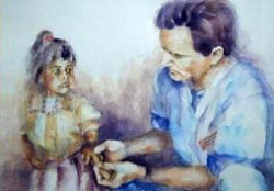 painting of doctor looking at child's hand